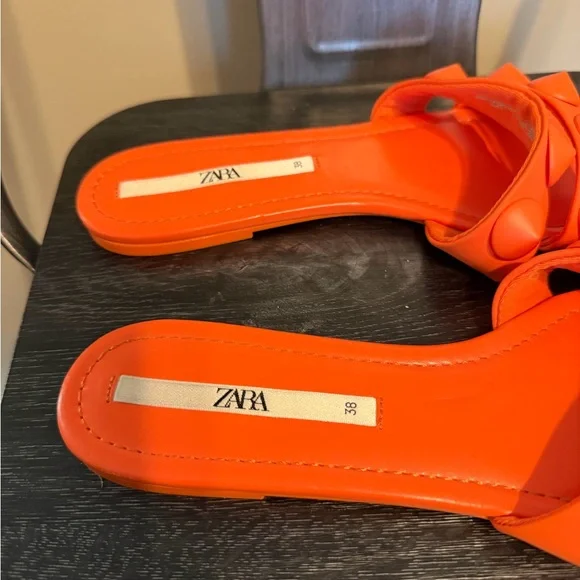 Zara Neon Orange Studded Square Toe Slide Sandals Statement Minimalist EU38 7.5 - Picture 3 of 10